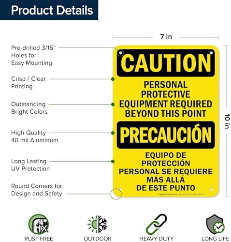 Caution Personal Protective Equipment Required Beyond This Point Bilingual Osha Sign, 10x7 Inches, Rust Free .040 Aluminum, Fade Resistant, Made in USA by My Sign Center - Image 6