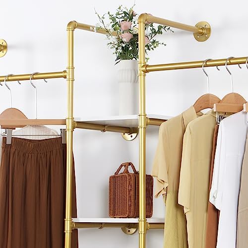 Industrial Pipe Gold Clothing Rack with Shelves, Retail Display Wall Mounted Storage Clothes Hanging Shelf Gold Pipeline Hanging Rod Steampunk Style, 4 Tier Wood Garment Rack 72.8x71inch - Image 5