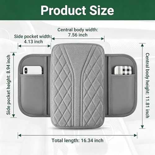 Car Center Console Cover, Leather Car Armrest Cover with 2 × Storage Bags, Waterproof Auto Arm Rest Covers Pad, Universal Console Covers for Storage Box Protector for Vehicle SUV Truck (Gray) - Image 2