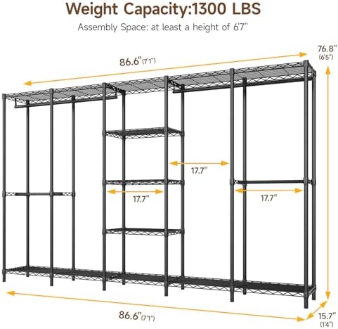ONBRILL F5 Extra Large Industrial Pipe Clothing Rack, Freestanding Portable Closet Organizer System with Shelves & Hanging Rods, 86.6'' Wide Heavt Duty Clothes Rack, Max Load 1300lbs, Black - Image 2