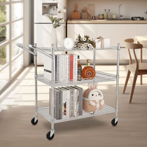 3-Tier Rolling Utility Cart 500 Lbs Capacity Rolling Carts, Wire Rolling Cart with Handle Bar Commercial Rolling Storage Trolley Utility Shelf Plant Display Shelf Food Cart, Low Handle - Image 7