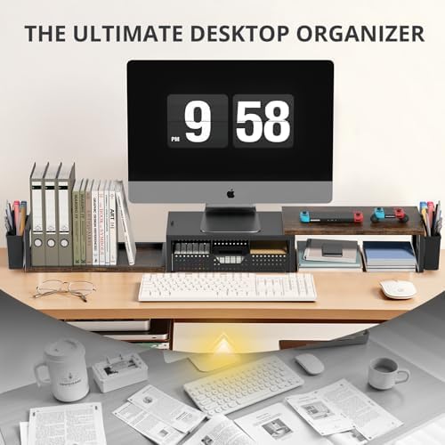 OPNICE Desk Organizers and Accessories, Dual Monitor Stand Riser with Drawer and 2 Pen Holders, Desk Shelf Computer Racks for Office Workspace Organizers, Desktop Organization (Rustic Brown) - Image 5
