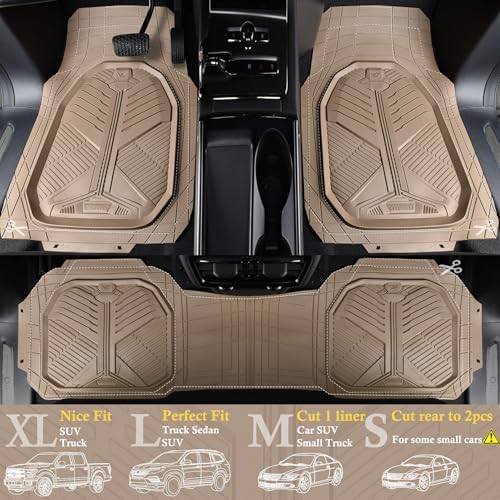 CAR PASS Heavy Duty Rubber Car Mats with Cargo Liner, Deep-Dish Car Floor Mats and Trunk Mat All Weather, Universal Trim-to-Fit for SUVs Trucks Sedans, Waterproof Anti-Slip, Trimmable V12 Beige - Image 2