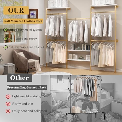 HOMEKAYT Industrial Pipe Clothes Rack with Shelves, Gold Clothing Rack Wall Mounted Heavy Duty Multi-Purpose Storage Clothes Hanging Shelf - 94.5''L Gold - Image 2