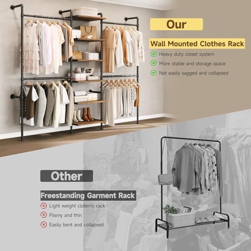 T1 Wall Mounted Closet System, Industrial Pipe Clothing Rack with 6 Wooden Shelves & 4 Telescopic Rods, Heavy Duty Closet Organizers and Storage in Wardrobe Closet (Rustic Brown) - Image 5