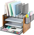 OPNICE Desk Organizer, 4-Tier Desktop File Organizer with Drawer and Pen Holders, Office Desk Accessories, File Sorters, Workspace Organizers for Office Supplies(Brown) by OPNICE
