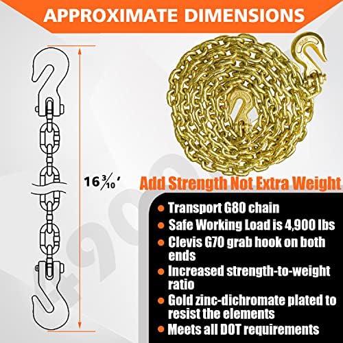 YATOINTO G80 Transport Binder Chain 5/16 Inch x 16 Foot Safety/Binder Chain with Clevis Grab Hooks 4,900 lbs Safe Working Load Logging Chain for Transporting Towing Tie Down Binding Equipment - Image 6