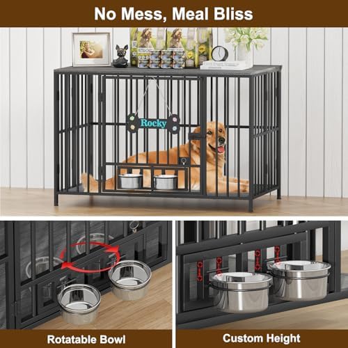 Easycom 43" Dog Crate Furniture Foldable, No Assembly Decorative Dog Kennel Indoor, XL Dog Crates for Large Dogs (60-80 lbs), Wooden Dog Cage with Adjustable Bowls and Name Tag, Dark Grey - Image 4