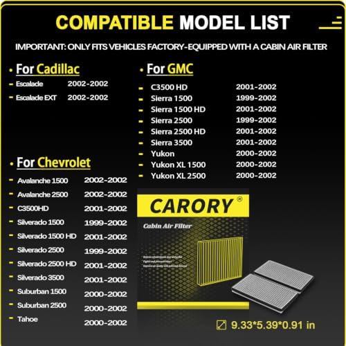 CARORY Cabin Air Filter w/Activated Carbon for Chevy, GMC, Cadillac Select Models - Silverado 1500/2500, Suburban, Avalanche 1500, Tahoe, Sierra 1500, Yukon, Escalade, and More, CF791 - Image 3