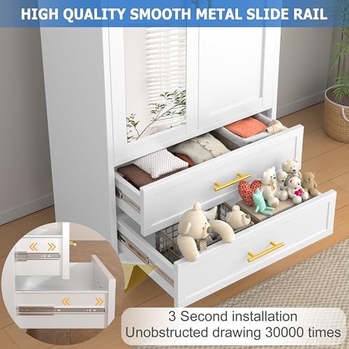 GAIOUS Steel Armoire Wardrobe Closet with Mirror and 2 Drawers 71" White - Image 4