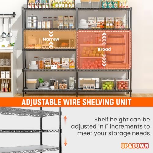 70" W Storage Shelves 1430 LBS Heavy Duty Wire Shelving, 5 Tier Adjustable Metal Garage Shelving, Pantry Kitchen Storage Rack with Liners, DIY L-Shaped Corner Shelf, 70" W x 16" D x 72" H - Image 6