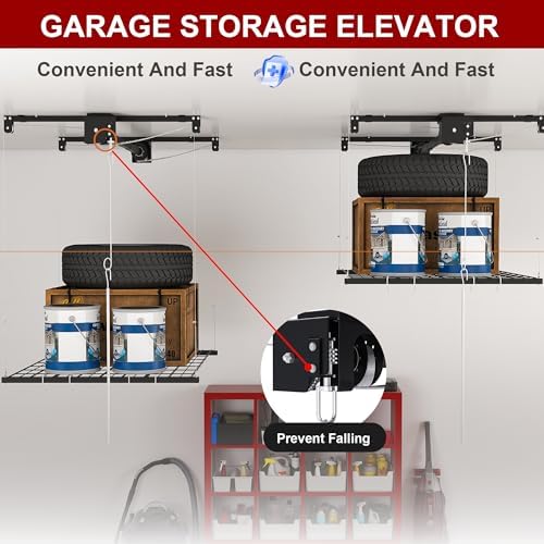 Montary 4x4 FT Overhead Garage Storage Rack for 10-12 FT Ceiling, Adjustable Ceiling Lifting Storage Rack with Safety Lock, 250LBS Capacity All-Steel Heavy-Duty Garage Lifting Organizer - Image 4