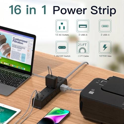 25FT Extra Long Extension Cord, Power Strip with 12 AC Outlet & 4 USB Ports - Image 2