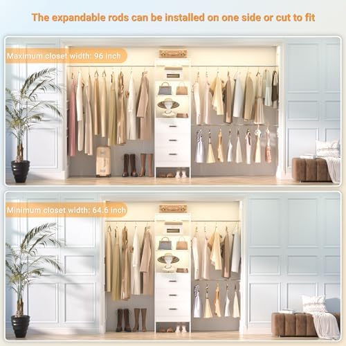 Besiost 96'' Closet Organizer System with 3 Hanging Rods, 8FT Closet Organizers and Storage with 3 Wooden Drawers, Built in Closet Organizer Systems, Adjustable Walk-in Wardrobe from 5-8FT, White - Image 5