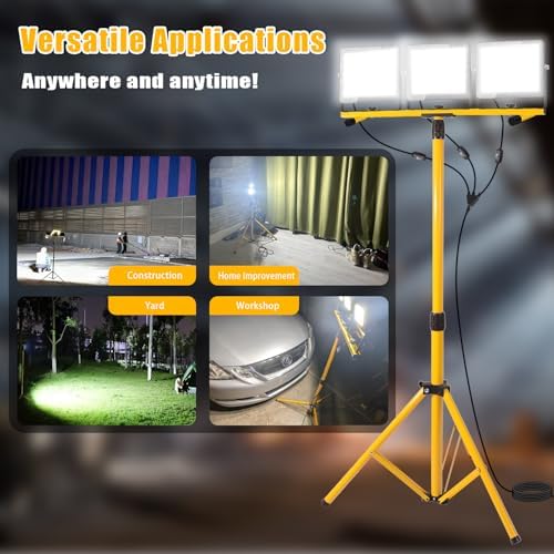 27000 Lumen LED Work Lights on Stand - 3 Head Portable Tripod Work Light- IP65 Waterproof Construction Lights with Stand for Outdoor Indoor Job Site Workshop Garage Commercial Flood Light with Stand - Image 5
