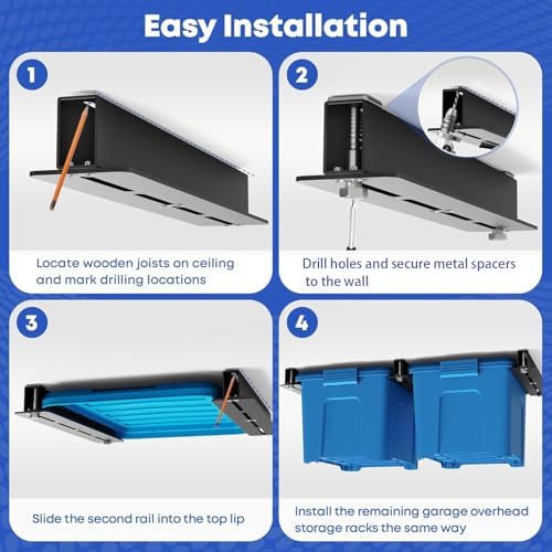 WooFog Overhead Garage Storage Rack, Garage Ceiling Storage Racks, Heavy Duty Storage Bin Ceiling Rails for 27 Gallon Totes，Tote Storage Rack System -Black (3 Sets for 2 Bins) - Image 4