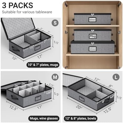 MISSLO Large Capacity China Storage Containers Hard Shell Plate Storage Containers, Kitchen Packing Moving Boxes for Dishes, Dinnerwares, Mugs Protectors, Grey, 3 Piece Set - Image 3