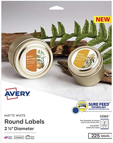 Avery Printable Blank Round Labels, 2.5" Diameter, Matte White, 225 Customizable Labels (22562) by Avery