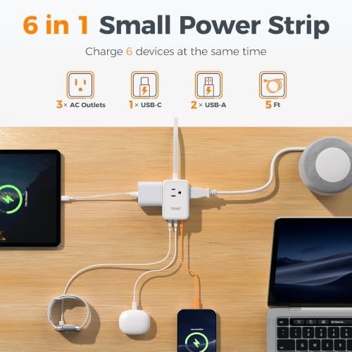 TESSAN Small Flat Plug Power Strip, Ultra Thin Extension Cord 5 ft, White - Image 3