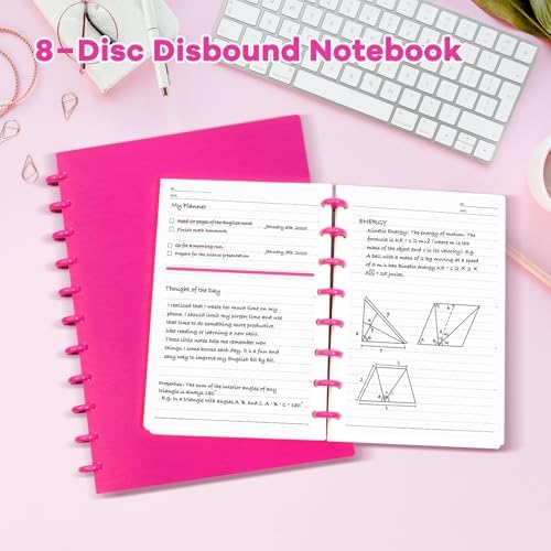 Discbound Notebook, 8-Disc Disbound Planner with Removable Pages, 180 Pages Spiral Notebook, Poly Cover Discbound Planner for Work, Travel, Note Taking(With Index Sticker),Rose Red,A5 - Image 4