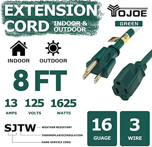 YOJOE Indoor Outdoor Extension Cord, 3 Prong 13A Weatherproof Power Cord, 16 Gauge Heavy Duty 8 ft Green Extension Cord for Garage, Garden and Home, 16/3 SJTW UL Certified - Image 2