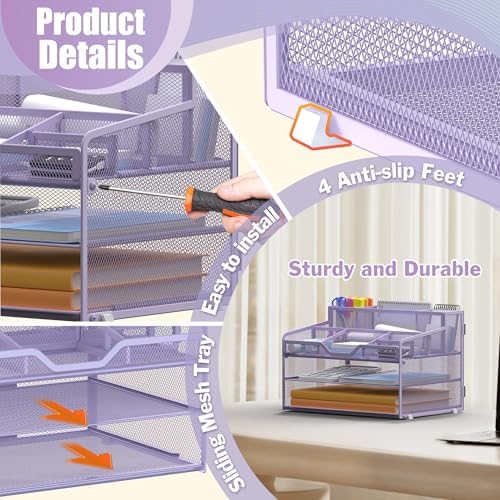 Docnest 3 Tier Mesh Desk Organizer with Letter Tray & Paper Sorter, Purple - Image 5
