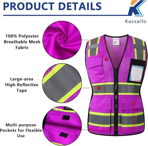 Hi Vis Reflective Safety Work Vest for Women,KZW,Purple,M - Image 2