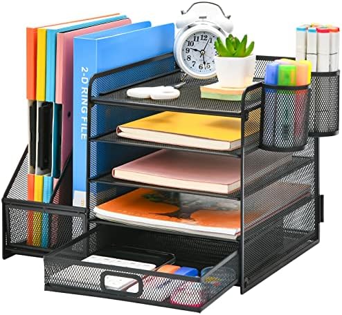Marbrasse Desk Organizer with File Holder, 5-Tier Paper Letter Tray Organizer with Drawer and 2 Pen Holder, Mesh Desktop Organizer and Storage with Magazine Holder for Office Supplies(Black) by Marbrasse