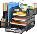 Marbrasse Desk Organizer with File Holder, 5-Tier Paper Letter Tray Organizer with Drawer and 2 Pen Holder, Mesh Desktop Organizer and Storage with Magazine Holder for Office Supplies(Black) by Marbrasse