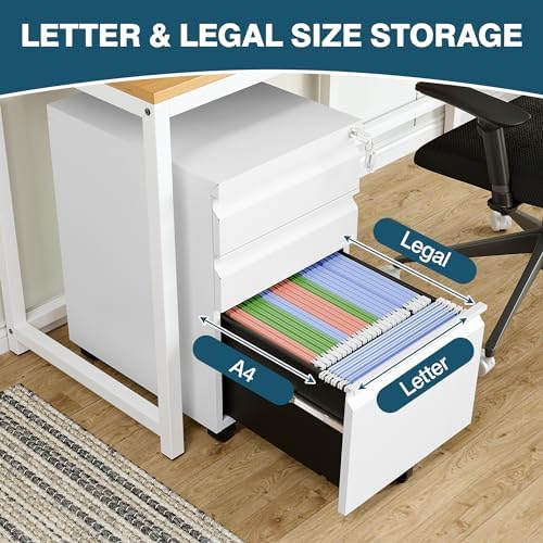 MIIIKO 3 Drawer File Cabinet on Wheels, Home Office Mobile File Drawers Under Desk, Full Assembled White Filing Cabinets with Lock for Legal/Letter/A4 File Folders - Image 5