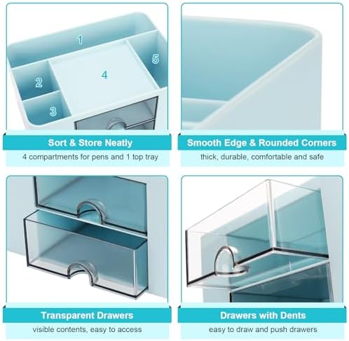 Meiikun Plastic Pen Organizer, Multifunctional Desk Organizer with 2 Drawers, 4 Compartments & a Top Tray, Pencil Holder Desktop Organizers and Accessories for Office, 7.7" x 5.5" x 3.9" (Blue) - Image 5