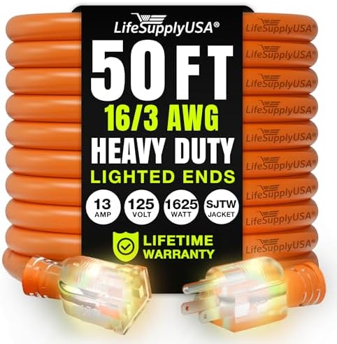 50ft Outdoor/Indoor Extension Cord 16/3 Gauge Heavy Duty 3 Prong SJTW, by LifeSupplyUSA