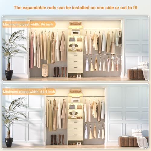Besiost 96'' Closet Organizer System with 3 Hanging Rods, 8FT Closet Organizers and Storage with 3 Wooden Drawers, Built in Closet Organizer Systems, Adjustable Walk-in Wardrobe from 2-8FT, White Oak - Image 6