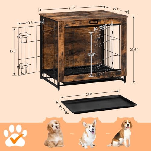 Dog Crate Furniture, 25.5" Small Dog Kennel Indoor, Wooden Cage with Pull-Out Tray, Double Doors Pet House Side End Table for Small/Medium Dogs, Rustic Brown BF642GW03G1 - Image 3