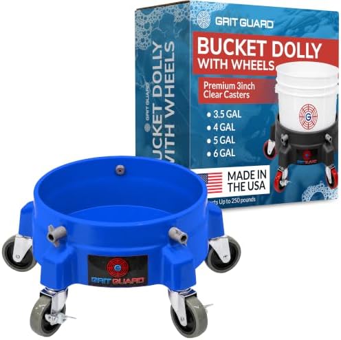 Grit Guard Bucket Dolly with Wheels - Rolling Detailing Wash Bucket with 5 Wheels and 2 Locking Casters Compatible with 2.5, 4, 5 and 6 Gallon Buckets (Blue, 3" Grey Casters) - Made in the USA by GritGuardInc