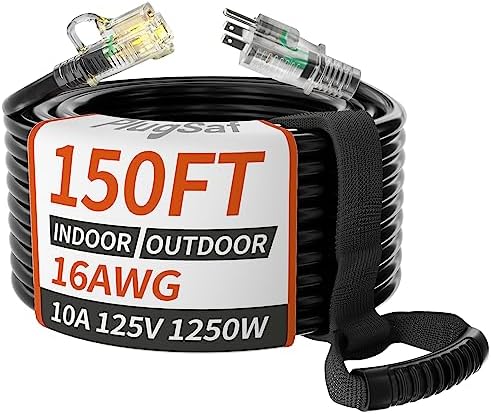 PlugSaf 16/3 Gauge 150 FT Extension Cord Outdoor, Long Extension Cord Black by PlugSaf