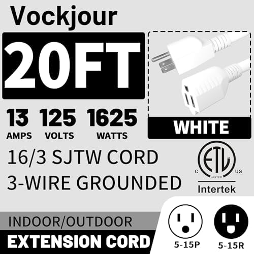 Vockjour 16/3 White Indoor Outdoor Extension Cord 20 Ft Waterproof - Image 2