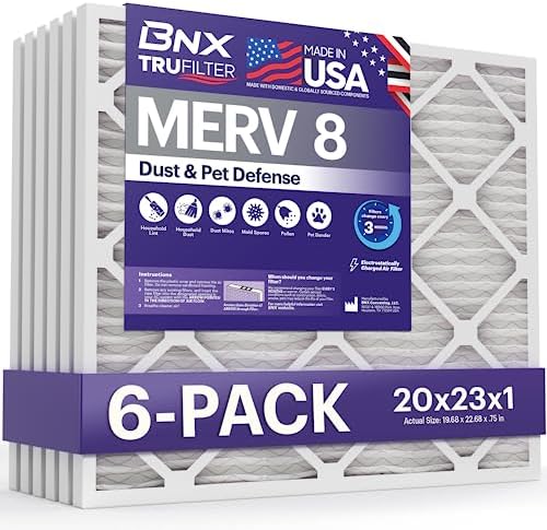 BNX TruFilter 20x23x1 Air Filter MERV 8 (6-Pack) - MADE IN USA – Dust & Pet Defense Electrostatic Pleated Air Conditioner HVAC AC Furnace Filters for Dust, Pet, Mold, Pollen MPR 600 – 700 & FPR 5 by BNX