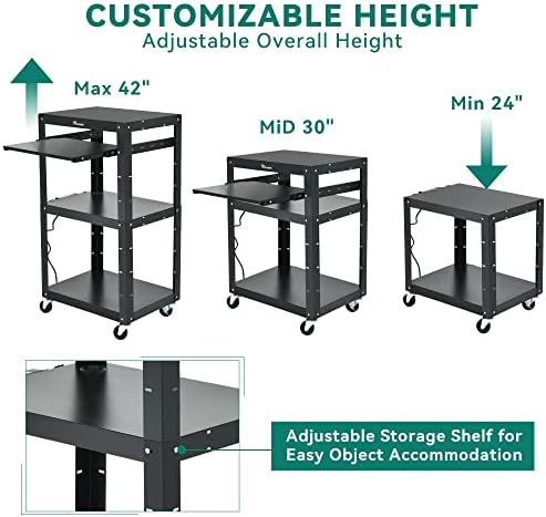 YITAHOME AV Cart with 16.4ft Cord, Keyboard Tray & 2 Locking Brakes Black - Image 5