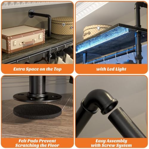 Cyclysio 118.3" Industrial Pipe Clothing Rack with LED Lights and Shelves - Image 4