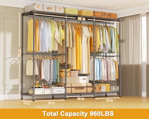 ULIFHOME E14 Pro Heavy Duty Clothes Rack，Freestanding Clothing Racks for Hanging Clothes，Adjustable Closet Organizers and Storage，Metal Garment Rack with Shelves 69"W x16"D x77"H，Max Load 960LBS，Grey - Image 2