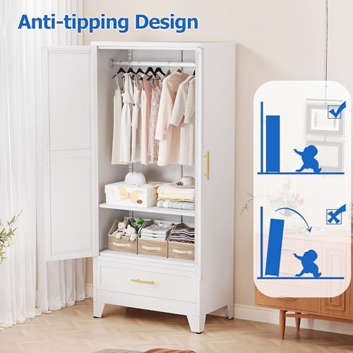 GAIOUS Steel Armoire WardrobeCloset with Mirror Door and Drawer 71" White - Image 6