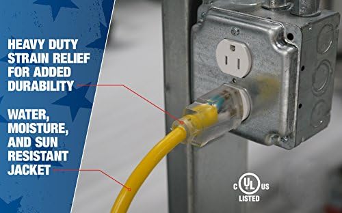 Southwire Outdoor Extension Cord – Durable Vinyl Jacket for for Farm, Ranch & Workshop - Lighted End with Reinforced Blades - SJTW, Yellow - 12 Gauge, 3 Prong - 50 ft (Pack of 6) - Image 6
