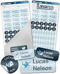 Bunny Badges Personalized Name Labels for Kids (70 Labels) - Custom Waterproof Name Stickers for Daycare, Clothing Tags, Water Bottles, Lunch Boxes and School Supplies (Sharks) by BunnyBadges