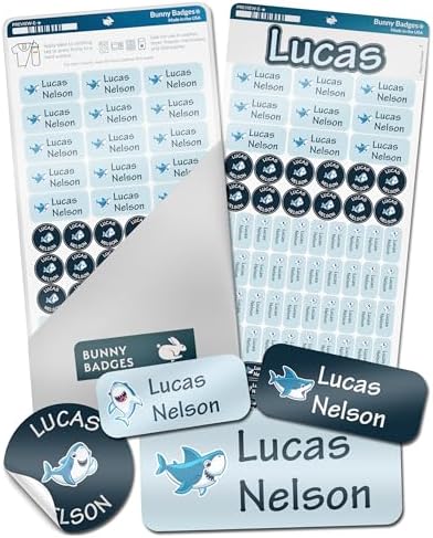 Bunny Badges Personalized Name Labels for Kids (70 Labels) - Custom Waterproof Name Stickers for Daycare, Clothing Tags, Water Bottles, Lunch Boxes and School Supplies (Sharks) by BunnyBadges