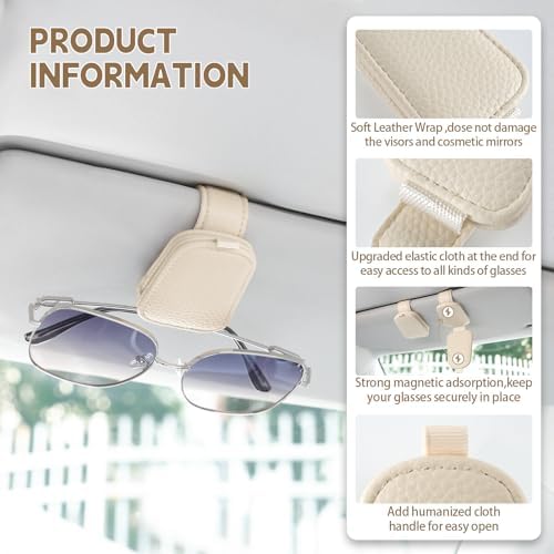 JUSTTOP 2 Pack Sunglasses Holders for Car, Magnetic Leather Buckle Sun Visor Sunglass Clip, Ticket Card Clip Sunglasses Mount, Car Interior Accessories for Men and Women (Beige) - Image 4