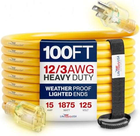 100ft Outdoor/Indoor Extension Cord 12/3 Gauge Extra Heavy Duty 3 Prong SJTW, Waterproof, Flexible Cold-Resistant Long Power Cord,15A 125V 1875W, Yellow by LifeSupplyUSA by LifeSupplyUSA