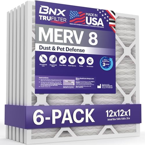 BNX TruFilter 12x12x1 Air Filter MERV 8 (6-Pack) - MADE IN USA – Dust & Pet Defense Pleated Air Conditioner HVAC AC Furnace Filters for Dust, Pet, Mold, Pollen MPR 600 – 700 & FPR 5 by BNX