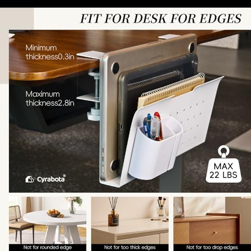 Under Desk Laptop Holder, No Drill Table Side Storage Organizer, White Clamp On Desktop Shelf Steel Table Hanging Mount File Tray, Desk Accessories & Workspace Organizers (White) - Image 3