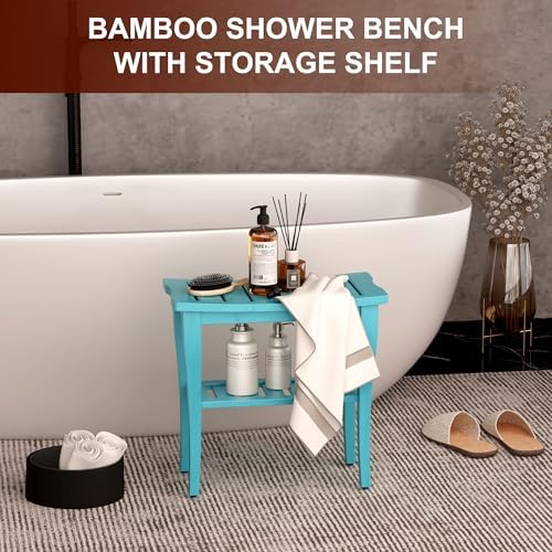 Bamboo Shower Bench Stool with Storage Shelf, Waterproof Shower Chair Spa Bath Seat, Shower Stool for Inside, Bathroom Bench Seat for Adults Elderly Seniors for Indoor or Outdoor Use(Sky Blue) - Image 2